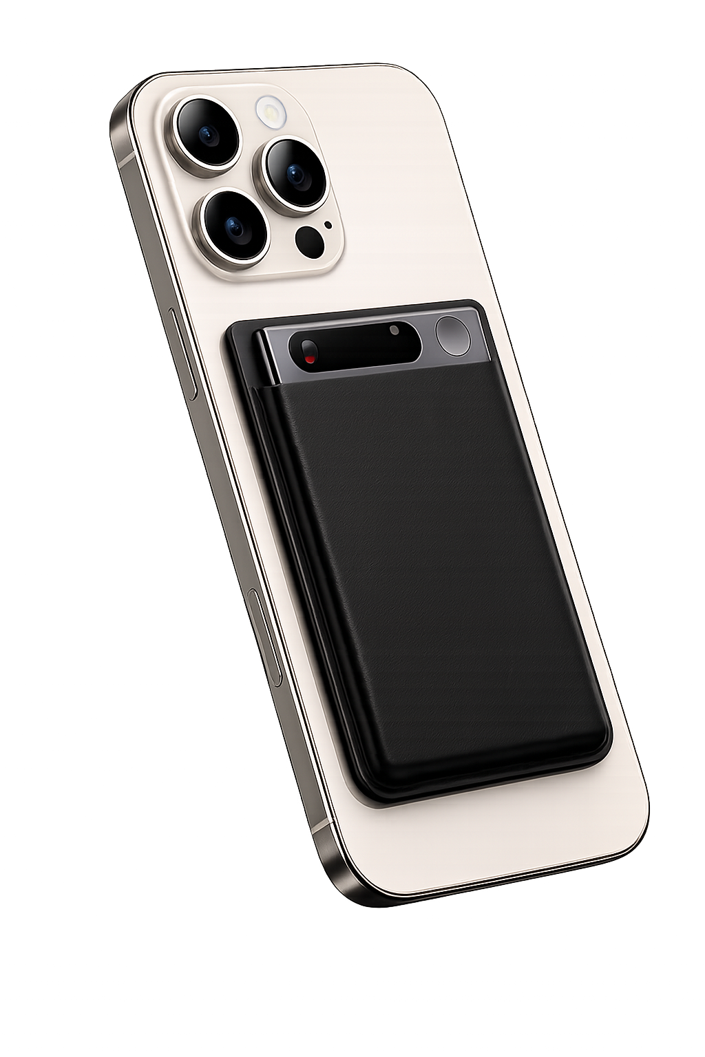 Le boîtier H.E.R., aussi fin qu'une pièce, posé au dos d'un smartphone